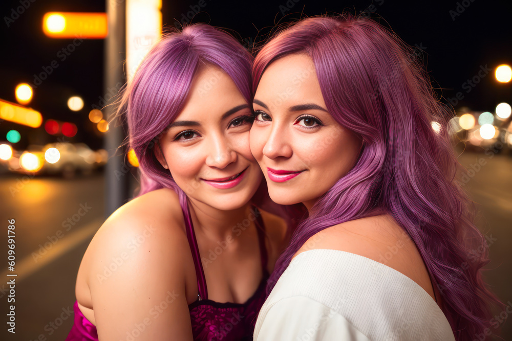 Smiling happy senior woman with long pink-violet hair walking on a night street. Travel concept. Generative AI Smiling happy senior woman with long pink-violet hair walking on a night street. Travel concept. Generative AI