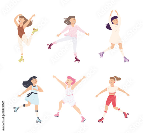 Excited Woman Character Dancing on Roller Skates Vector Illustration Set