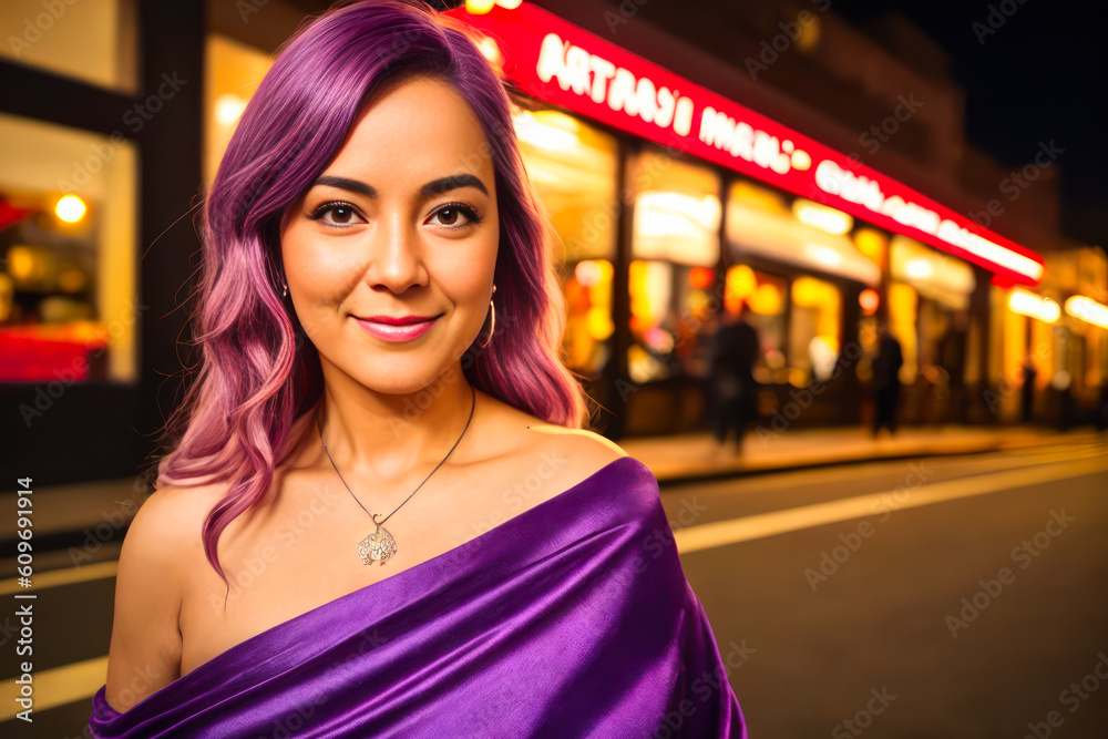 Smiling happy senior woman with long pink-violet hair walking on a night street. Travel concept. Generative AI Smiling happy senior woman with long pink-violet hair walking on a night street. Travel concept. Generative AI