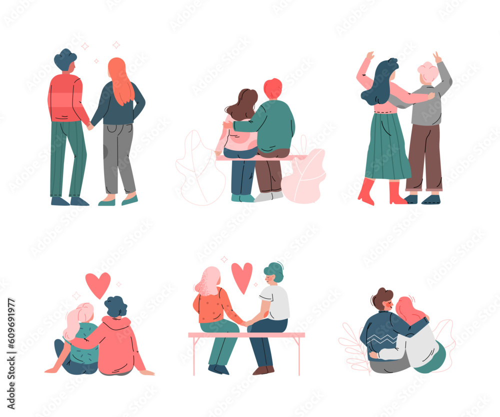 Happy Romantic Couple Sitting and Embracing Back View Vector Illustration Set