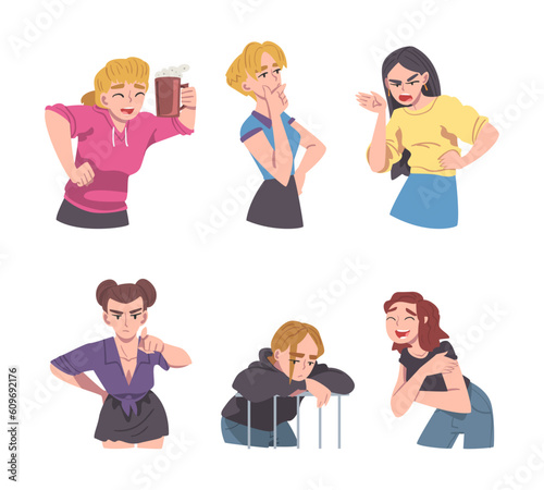 Young Woman with Different Mood and Emotion Vector Set