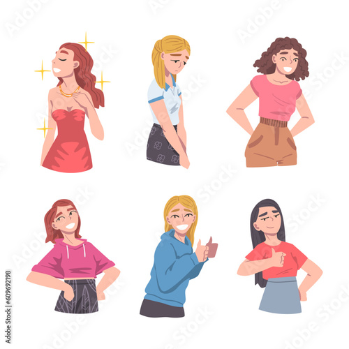 Young Woman with Different Mood and Emotion Vector Set