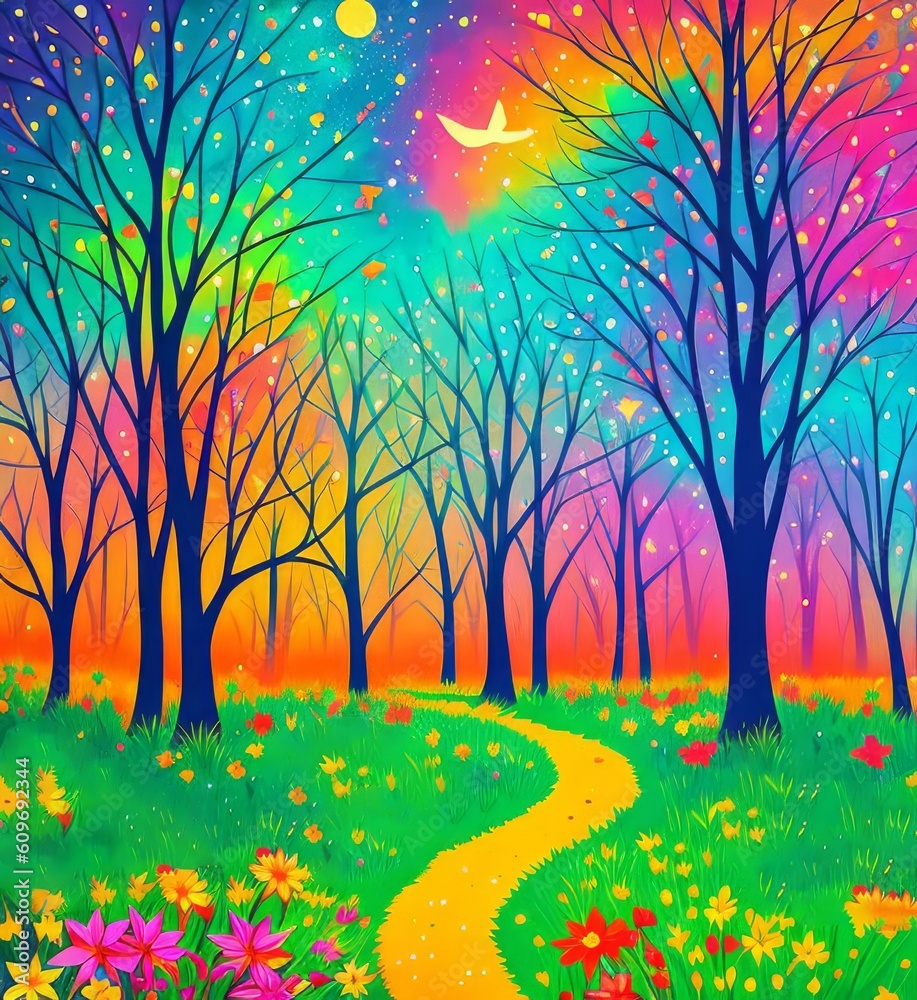 Magical Forest of bright colors, abstract style, fairytale forest, Generative AI Art Illustration 01