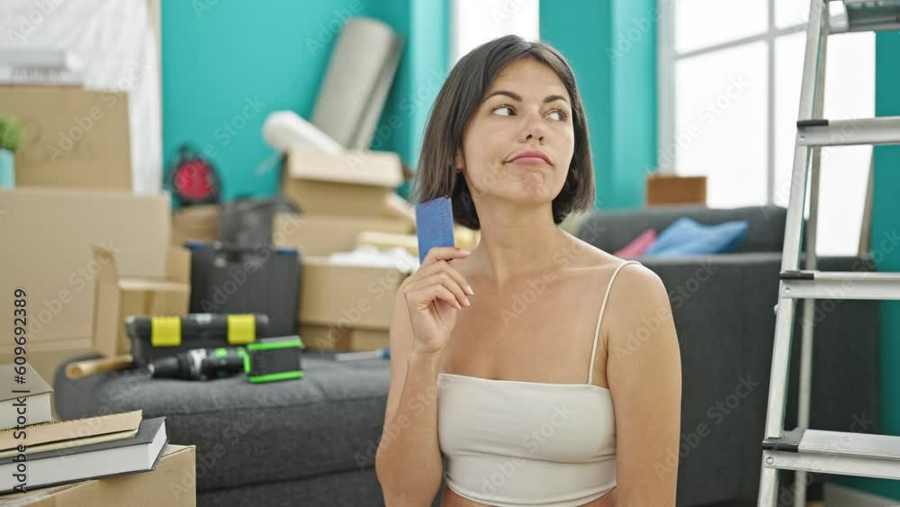Young beautiful hispanic woman holding credit card thinking at new home