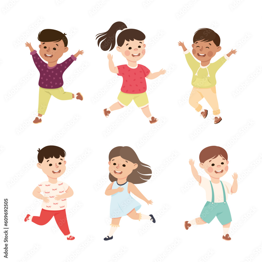 Excited Little Boy and Girl Jumping with Joy Expressing Happiness Vector Set Excited Little Boy and Girl Jumping with Joy Expressing Happiness Vector Set