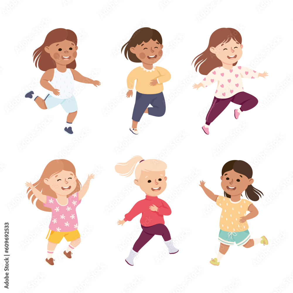 Excited Little Girl Jumping with Joy Expressing Happiness Vector Set Excited Little Girl Jumping with Joy Expressing Happiness Vector Set