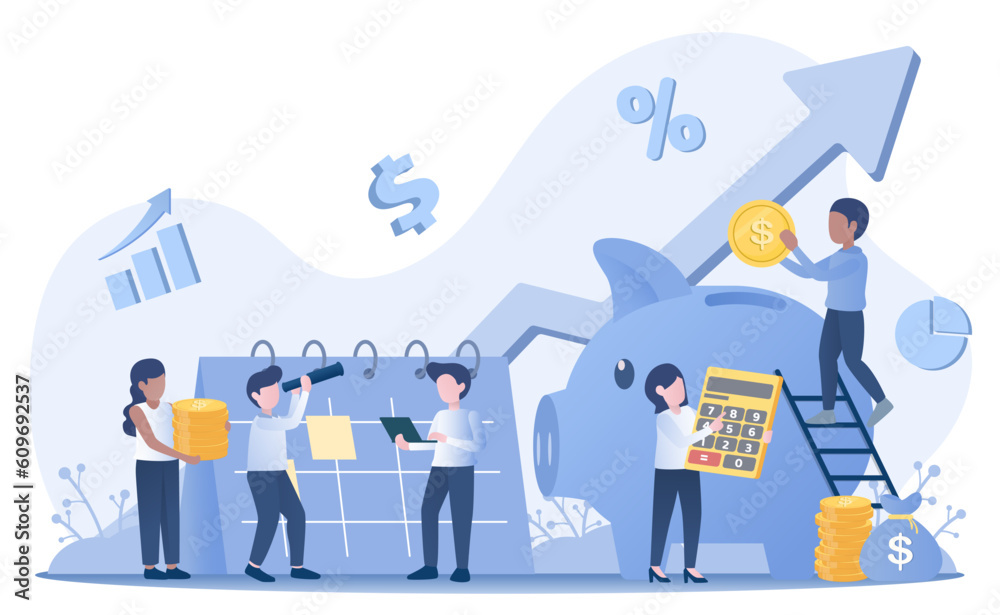 Saving money concept. Financial planning and management to generate income and build wealth. Deposit account planning, investment management, fund and budget analysis. Flat vector design illustration. Saving money concept. Financial planning and management to generate income and build wealth. Deposit account planning, investment management, fund and budget analysis. Flat vector design illustration.