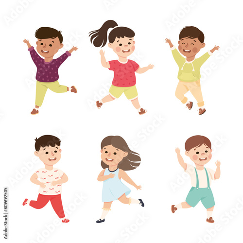 Excited Little Boy and Girl Jumping with Joy Expressing Happiness Vector Set