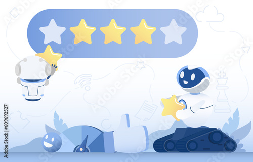 Online technology concept. AI robot give 5 star rating, positive review, loyalty, analysis data. Flat vector design illustration.