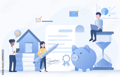 Real estate investment. Various elements to purchase, mortgage agreement, piggy bank, rent, contract and signature. Flat vector design illustration.