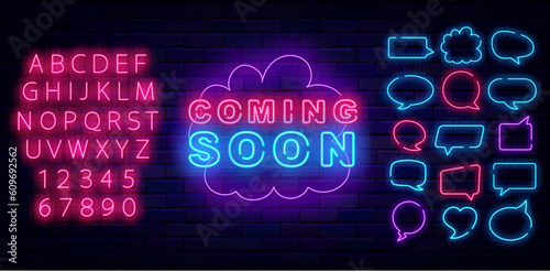 Coming soon neon label in cloud border. Speech bubbles frames set. Party and sale. Event celebrate. Vector illustration