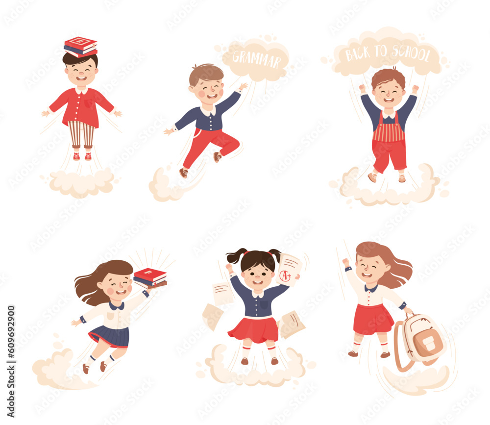Superhero Kid at School Flying Forward Achieving Goal and Gaining Knowledge Vector Set Superhero Kid at School Flying Forward Achieving Goal and Gaining Knowledge Vector Set