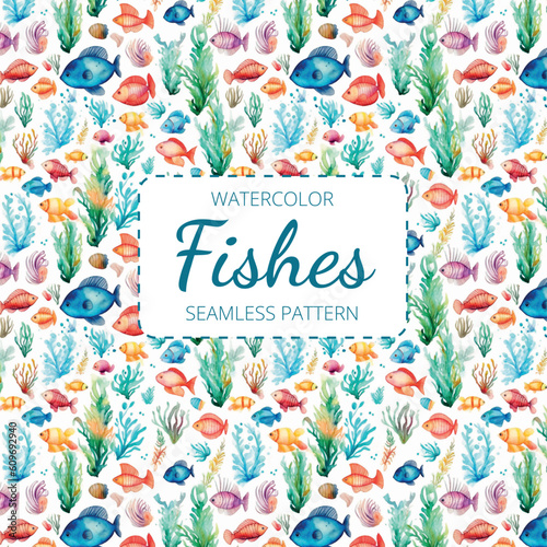 Colorful watercolor fishes seamless pattern
