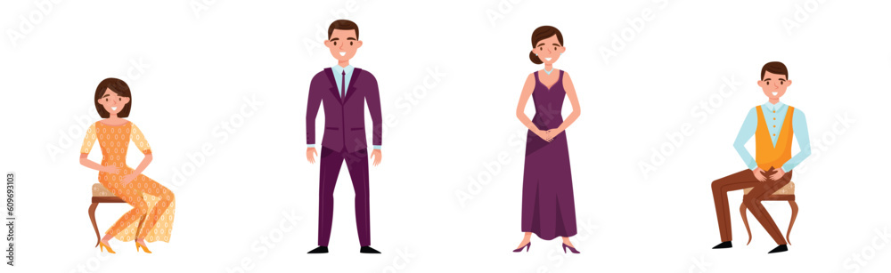 Young Man and Woman in Evening Dress and Dinner Jacket Sitting and Standing Vector Set Young Man and Woman in Evening Dress and Dinner Jacket Sitting and Standing Vector Set