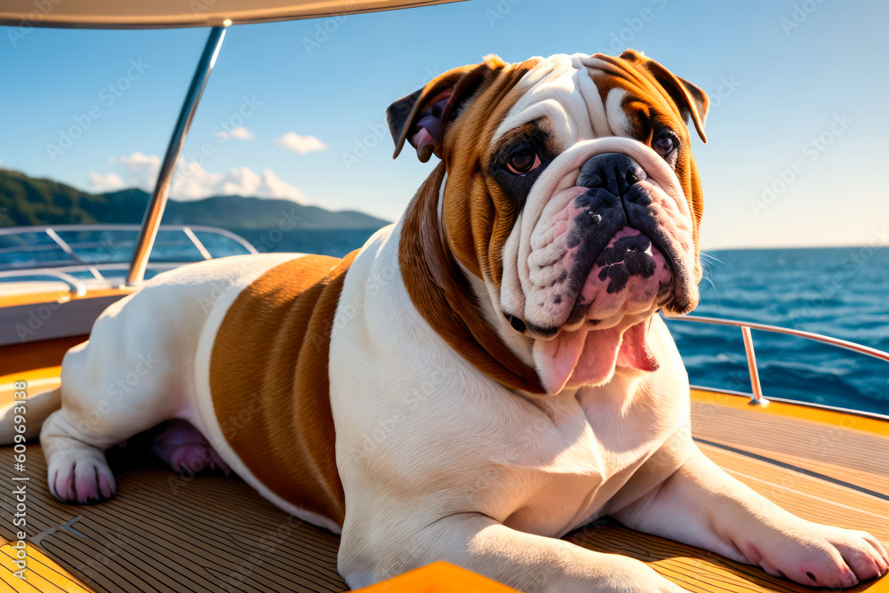Digital photo of a cute English bulldog  lies on the deck of a luxury yacht on a sunny day. Wildlife imagery, the concept of ecological environment. Generative AI