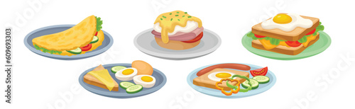 Tasty Dishes with Egg Ingredient Served Vector Set