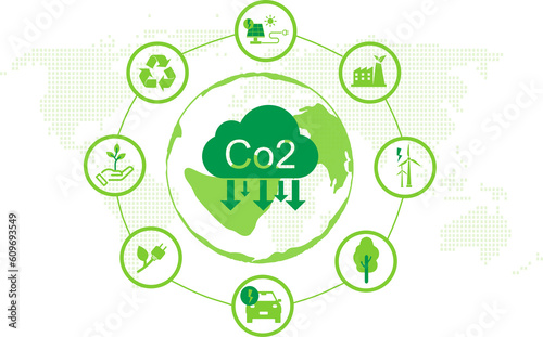 Environmental protection illustration set. Reduce CO2 emission concept icon working in green recycling industry. using clean energy, warning about CO2 emission. Climate change problem concept.