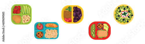 Meal Trays and Bowl of Fruit Salad for Lunch Vector Set
