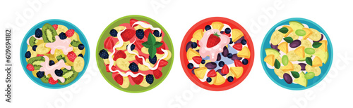 Bowl of Fruit Salad as Meal for Lunch Vector Set