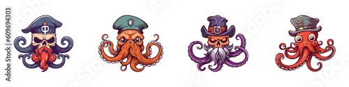 Skull in a pirate hat with tentacles. Cartoon vector illustration.
