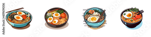 Japanese ramen noodle in bowl with chopsticks. Vector illustration. 