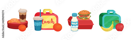 School Lunch Food Boxes and Kids Bags Vector Set
