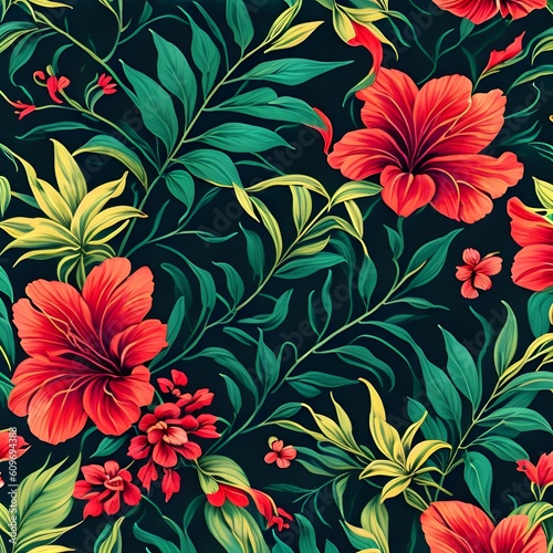 "A seamless vector artwork that portrays a repeating pattern of tropical flowers with vibrant hues and high contrast."