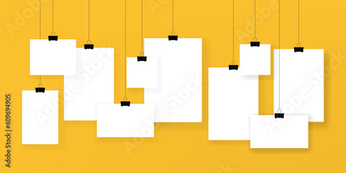 Blank photo frame set hanging on a clip. Retro vintage style. Vertical and horizontal photo design template. Black empty place for your text or photo.