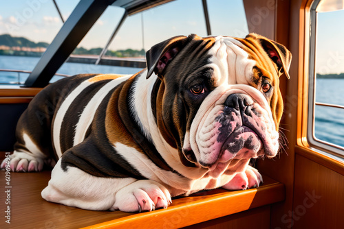 Digital photo of a cute English bulldog  in a captain's cap at the helm of a a luxury yacht on a sunny day. Wildlife imagery, the concept of ecological environment. Generative AI © mikhailberkut