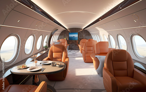 Luxury interior of modern private business jet. A luxurious interior in the right design speaks for a comfortable journey. Luxury travel concept. AI generated.