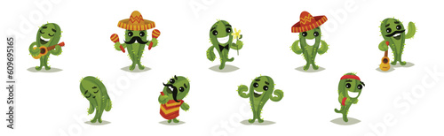 Green Cactus Funny Character Engaged in Different Activity Vector Set