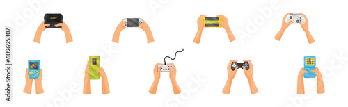 Hands Holding Gamepads or Controller Playing Video Game Vector Set