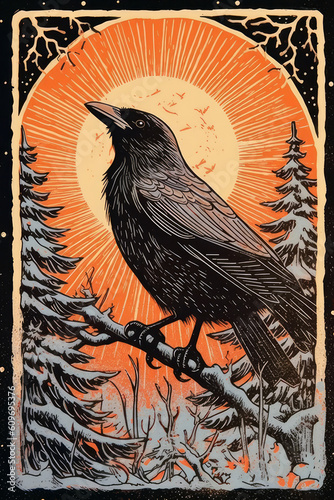 Crow in forest lino print cut illustration generative ai