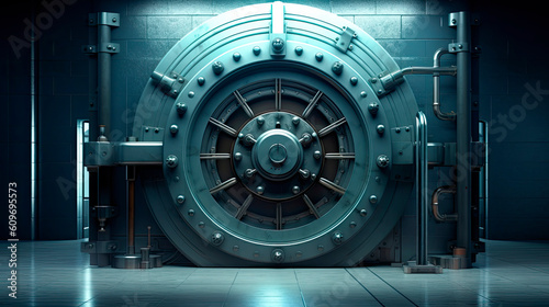 Bank vault door with a combination lock inside. Generative AI.