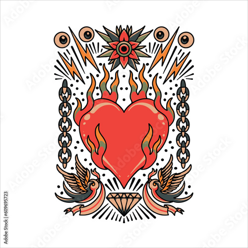 burning heart tattoo vector design