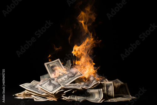 A powerful image of financial instability and burning wealth as cash is set ablaze on top of a pile of money AI Generative.