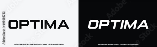 Futuristic abstract modern techno font, abstract geometric sci fi bold display letter set, stencil clean stencil monospaced optima typeface