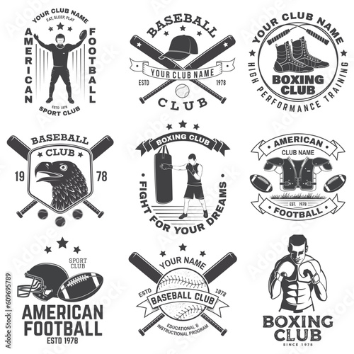 Set of boxing, american football and baseball club badge. Vector for shirt, logo, print, stamp. Vintage design with boxer, gloves, boxing jump rope, baseball bats, american football sportsman player