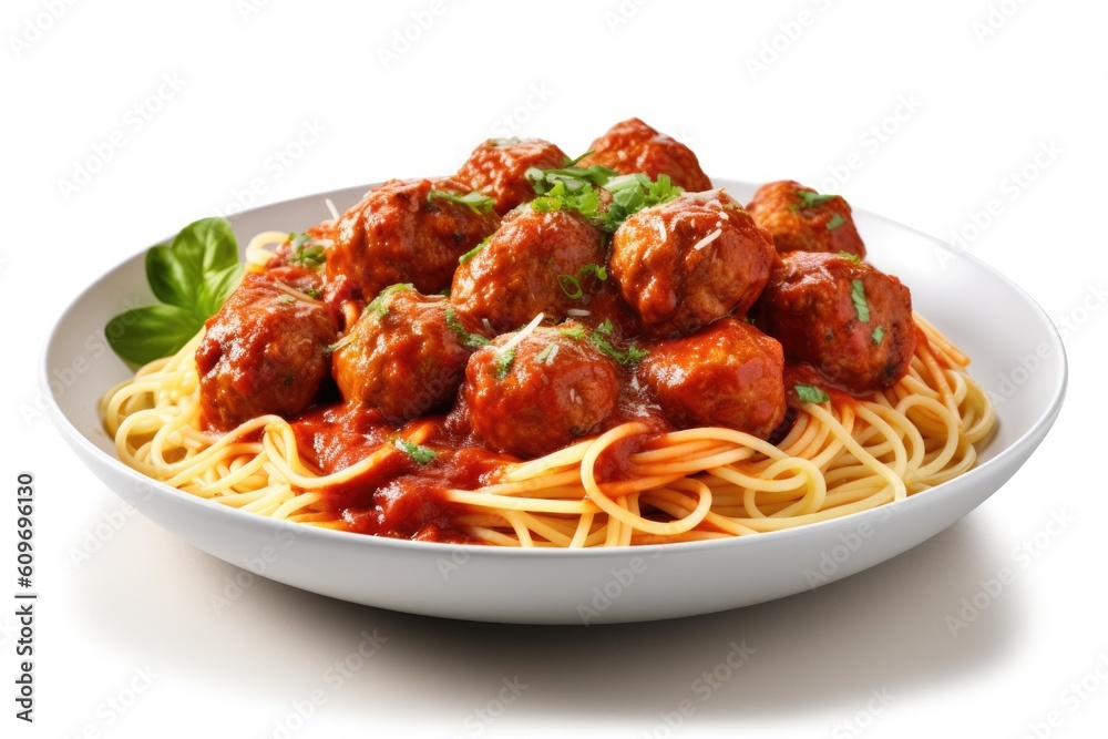 Delicious Plate of Spaghetti and Meatballs Isolated on a White Background. Generative AI Delicious Plate of Spaghetti and Meatballs Isolated on a White Background. Generative AI