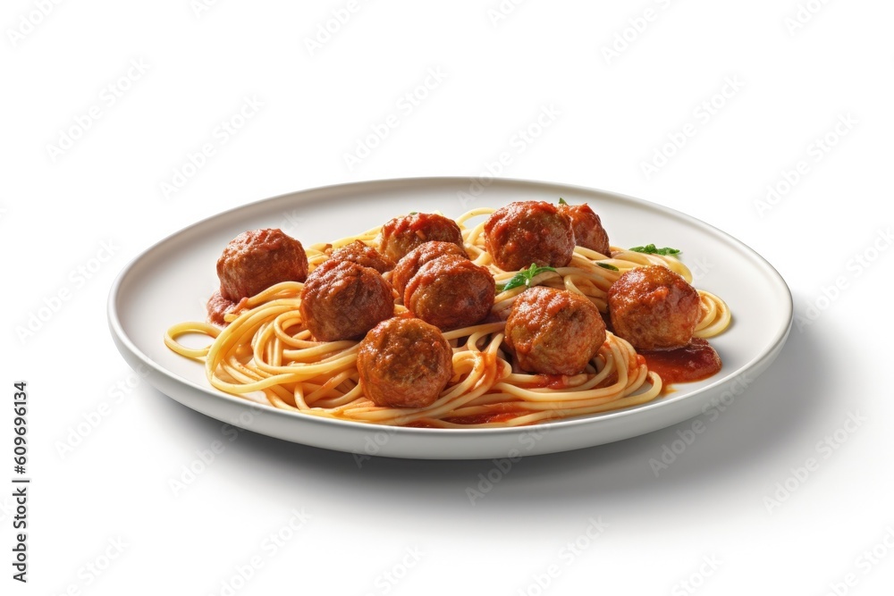 Fototapeta premium Delicious Plate of Spaghetti and Meatballs Isolated on a White Background. Generative AI