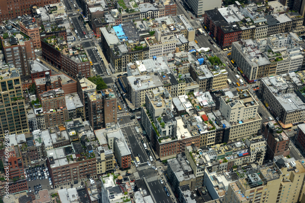 Fototapeta premium aerial view on busy residential district in Manhattan with roads and traffic