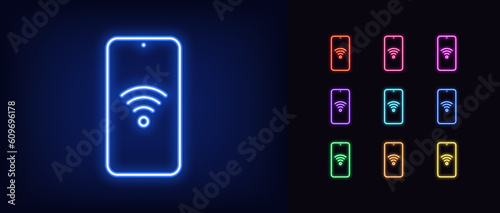 Outline neon phone icon set. Glowing neon smartphone screen frame with Wifi sign, mobile internet pictogram. Mobile phone with wireless internet connection, wifi hotspot control