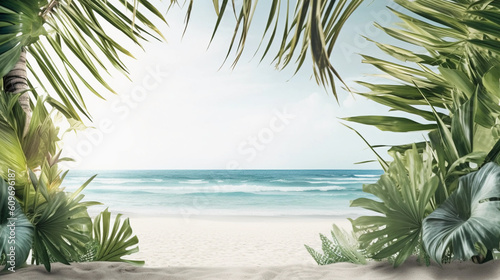 frame of palm leaves at the beach. Summer background with copy space. Generative AI © pcperle