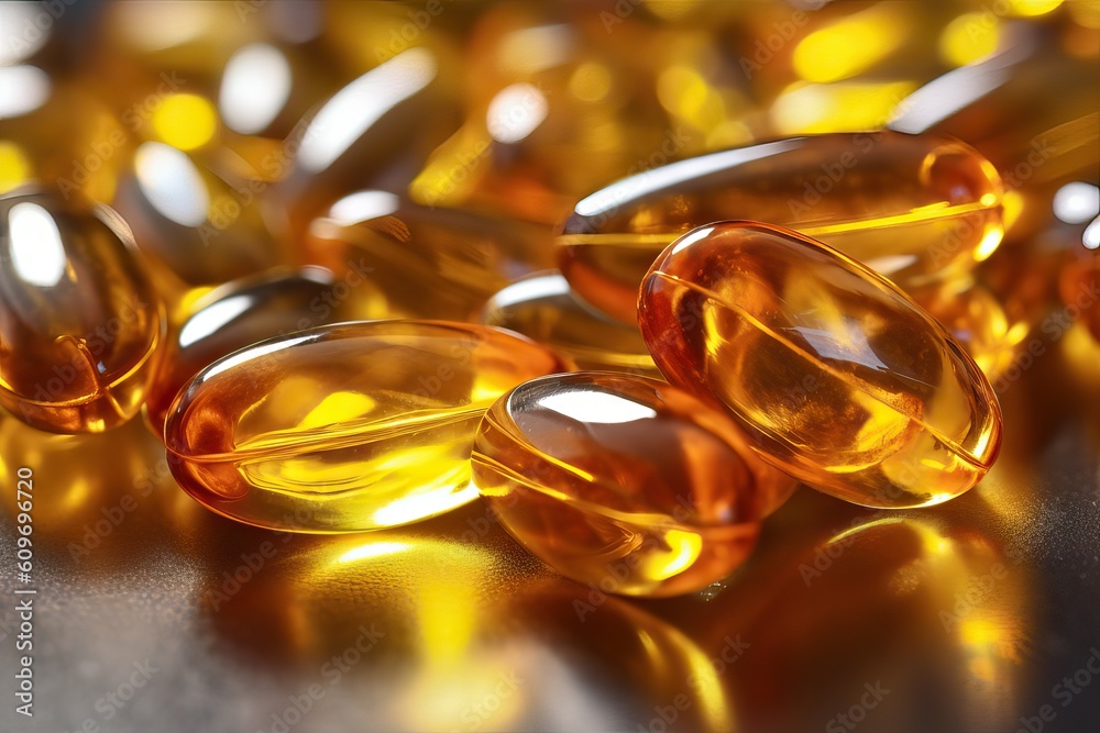 Macro shot of Wild fish oil supplements, Omega 3 fatty acid heart health supplements, Generative AI Macro shot of Wild fish oil supplements, Omega 3 fatty acid heart health supplements, Generative AI