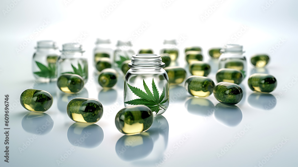 Cannabis capsules in a glass bottle generative ai Cannabis capsules in a glass bottle generative ai