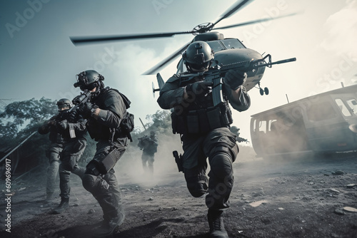 anti terrorist special force squad on action with helicopter in background