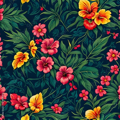 "A seamless vector artwork that portrays a repeating pattern of tropical flowers with vibrant hues and high contrast."