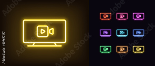 Outline neon television icon set. Glowing neon TV screen with video camera sign, television content. Movie channel, TV series, live show, cinema series, video interview, news broadcast