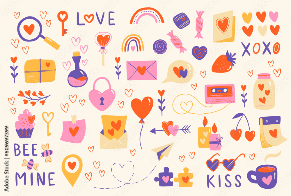 Love post office. Many various romantic objects. Saint Valentine's day big vector set. Colored retro trendy illustration. Flat design. All elements are isolated