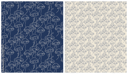 Cute Simple Seamless Vector Pattern with Freehand Sketched Mushrooms on a Brown And Light Dusty Pink Background. Hand Drawn Mushrooms Print ideal for Fabric,  Textile, Wrapping Paper. 